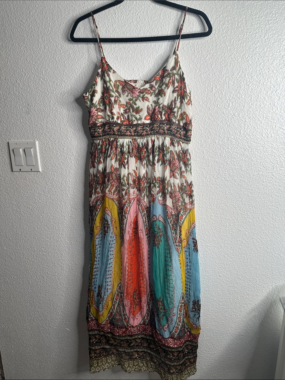 Anthropology multi color spaghetti strap smock Shaffon midi dress size 12